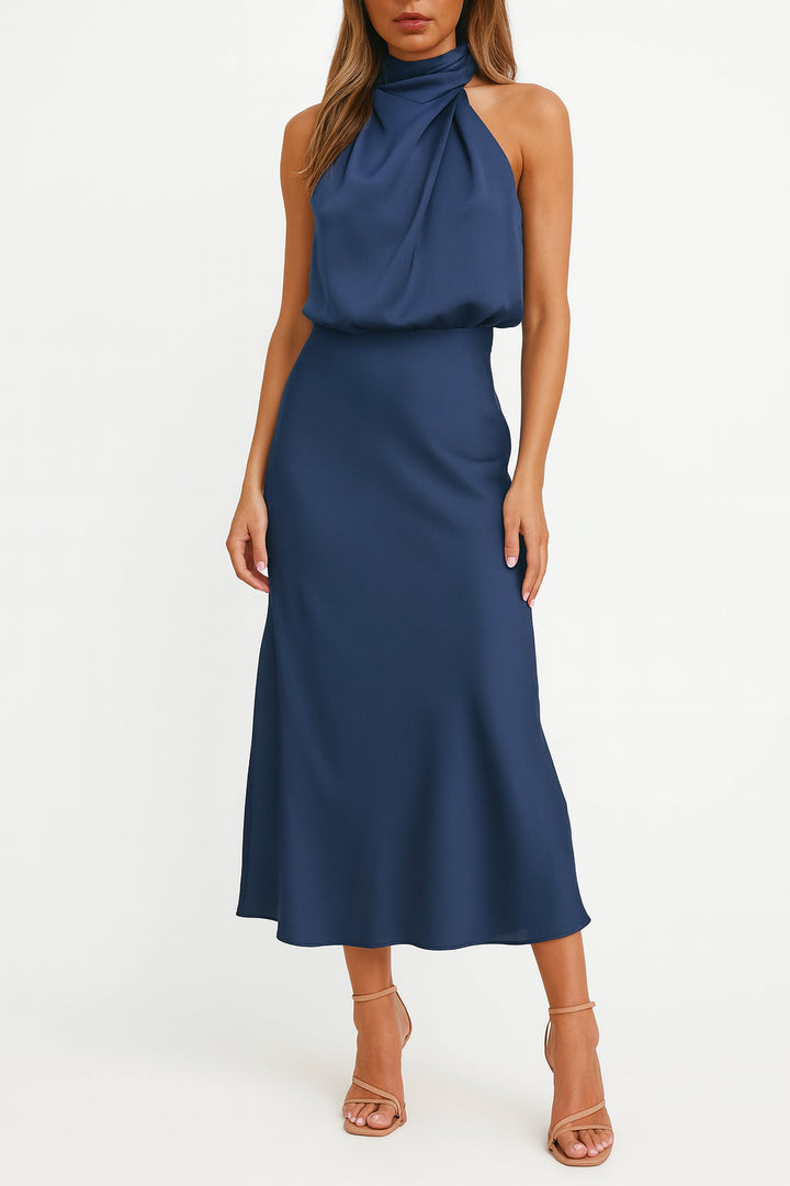 Anastasia | Women's Wedding Guest Elegant Off-Shoulder Satin Midi Dress Dresses — Navy