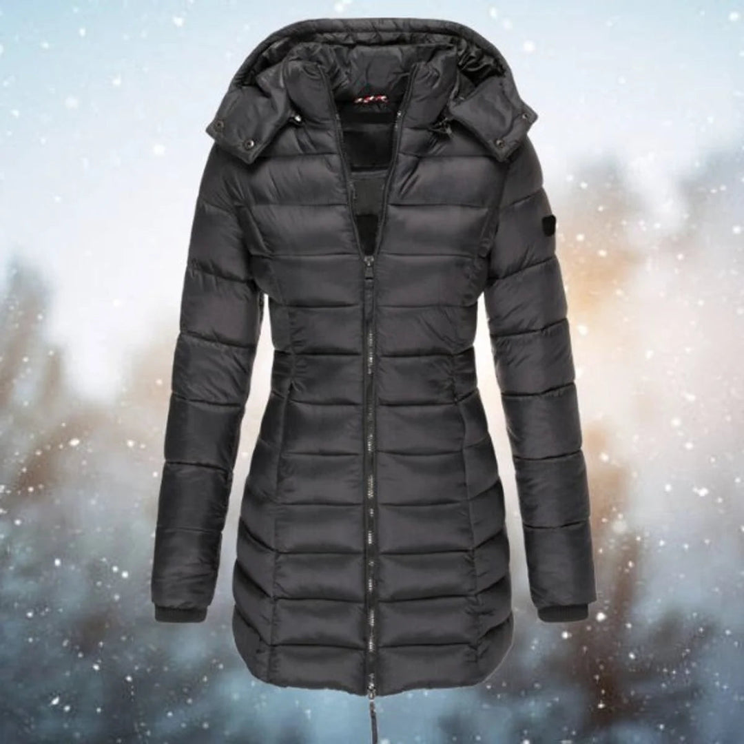 Anoukisse | Women's Long Hooded puff Quilted Jacket Zip-Up Coat — Black