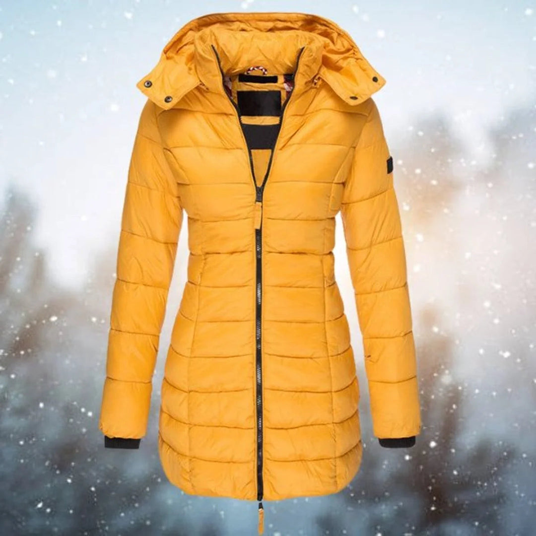 Anoukisse | Women's Long Hooded puff Quilted Jacket Zip-Up Coat — Yellow