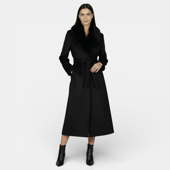 Anoukriel | Women's Casual Stretch Belted Overcoat with a Faux Fur Collar — Black