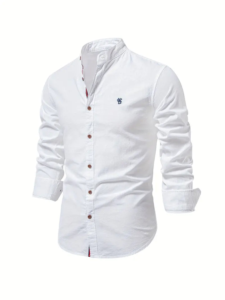 A button-up shirt with a structured collar on a plain background.