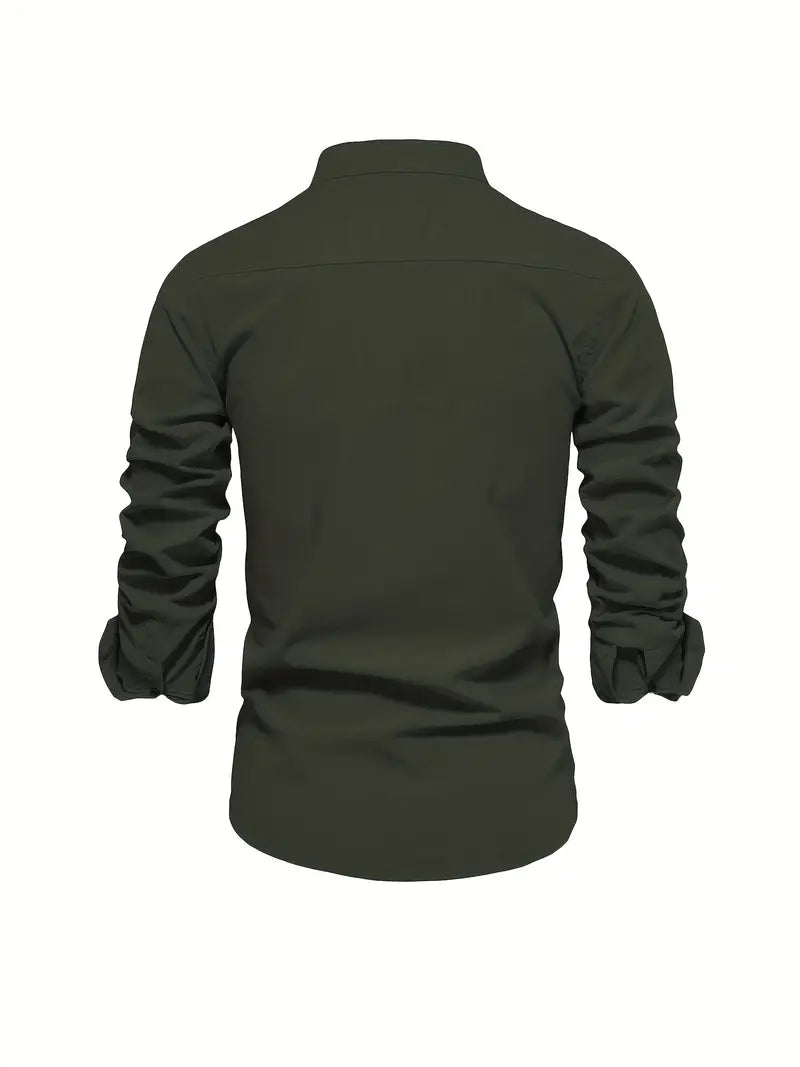 A smart button-up shirt with a structured neckline on a plain background.