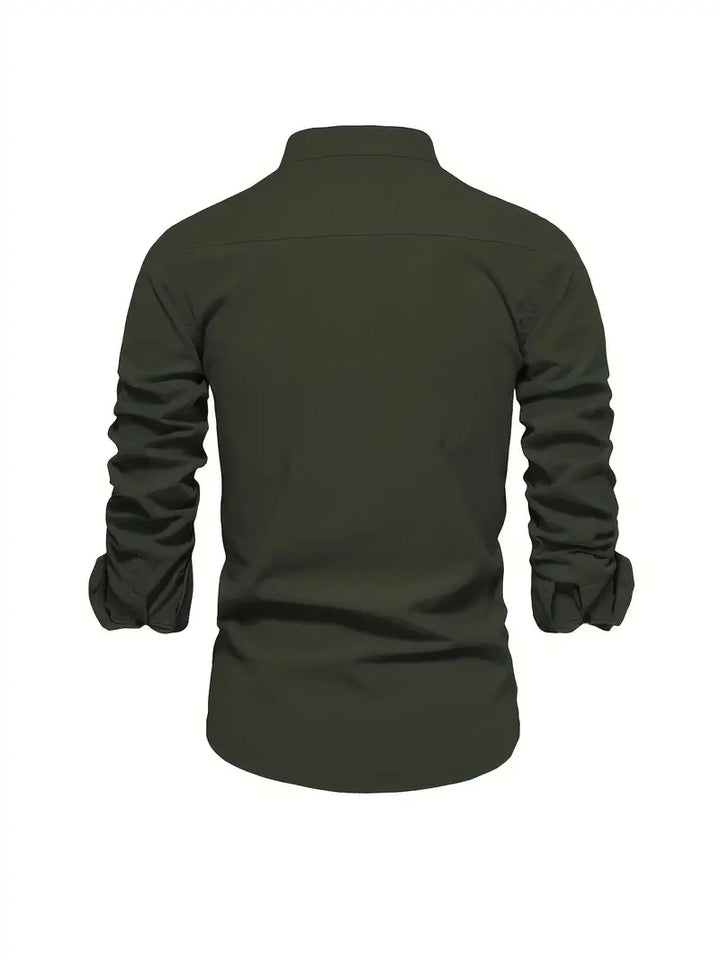 A smart button-up shirt with a structured neckline on a plain background.