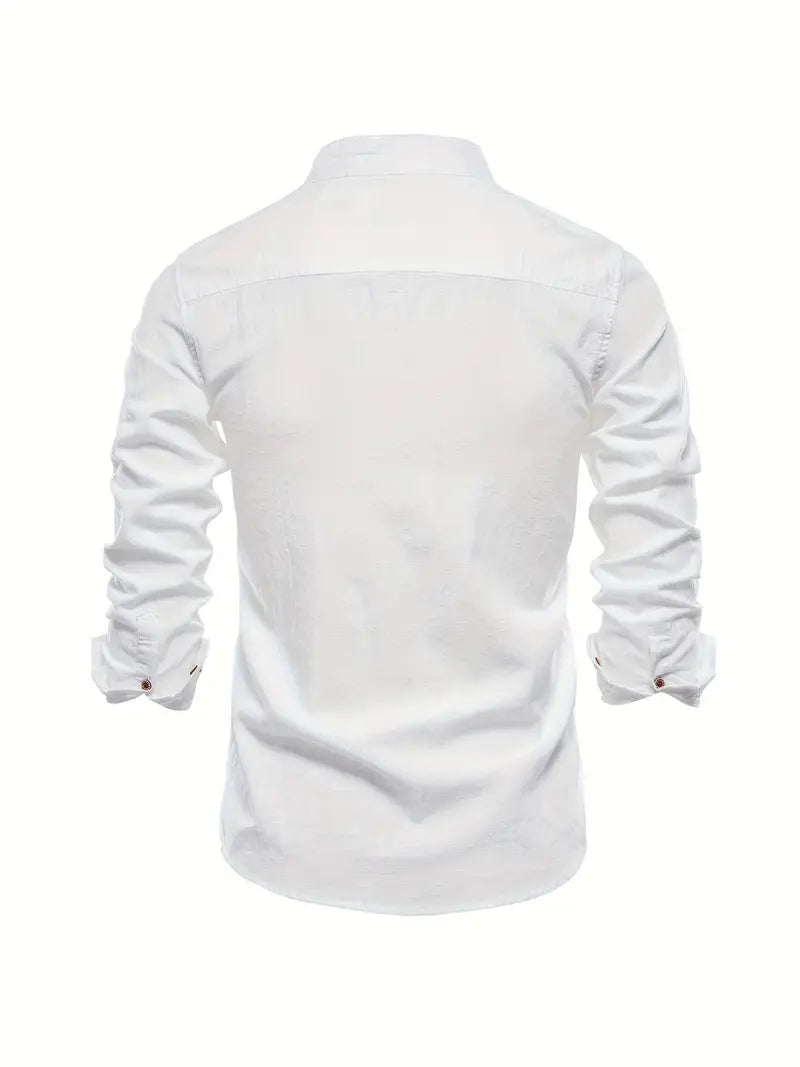 A long sleeve button-up shirt with a clean tailored outline on a plain background.