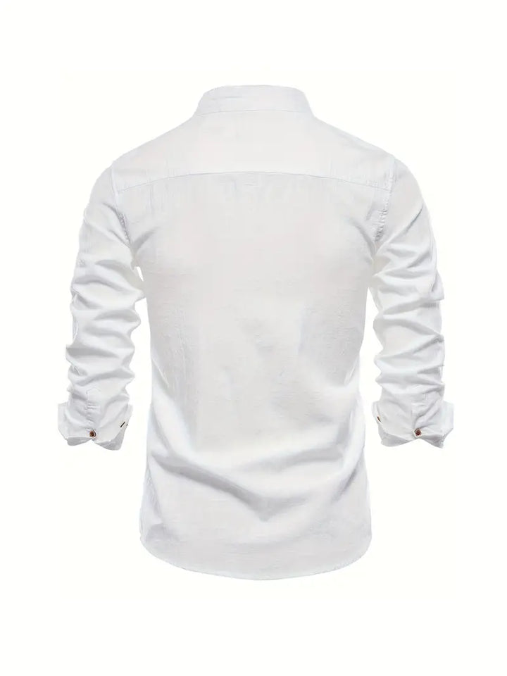 A long sleeve button-up shirt with a clean tailored outline on a plain background.
