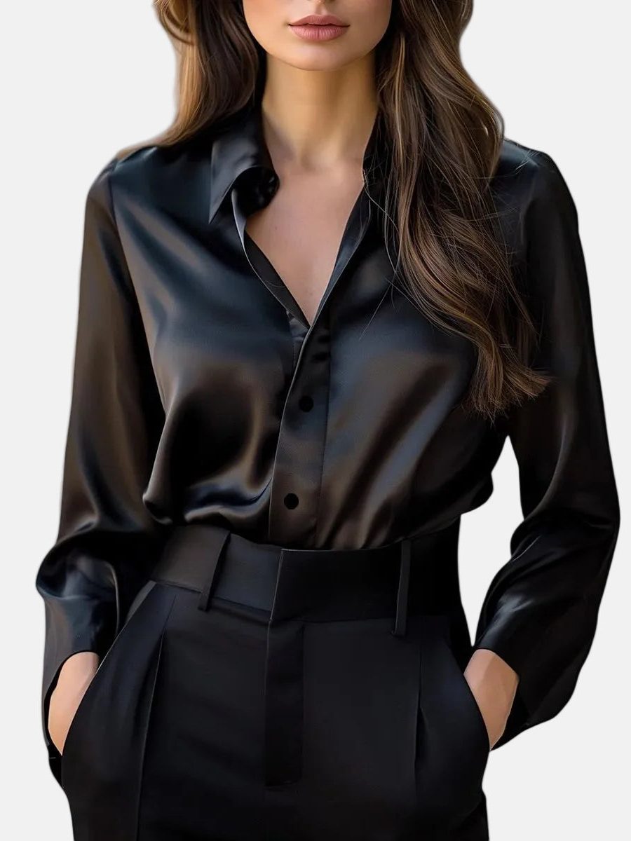 Averaine | Women's Linen Casual Satin Blouse, Button-Down Front — Black