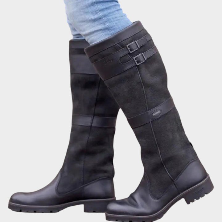 Aversia | Women's Leather Knee High Boots with Buckle Detail — Black