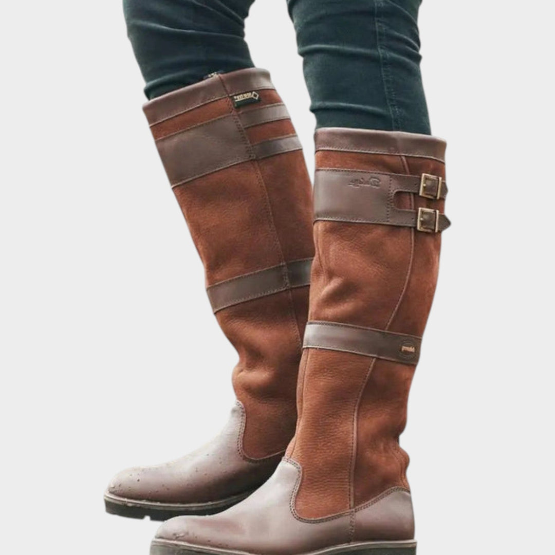 Aversia | Women's Leather Knee High Boots with Buckle Detail — Bronze