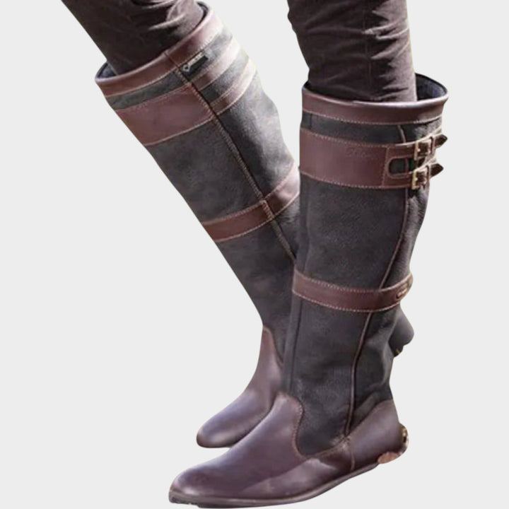 Aversia | Women's Leather Knee High Boots with Buckle Detail — Dark Brown