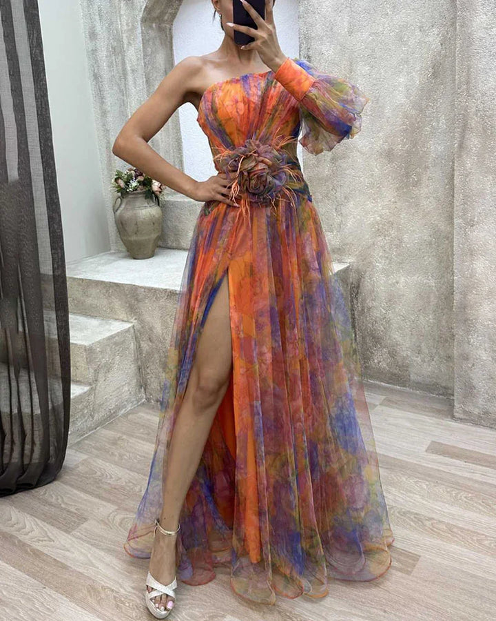 Model wearing a feminine split dress with a clean background.
