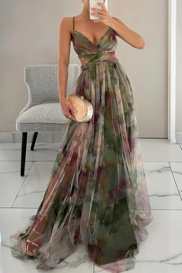 Woman wearing a graceful maxi dress on a plain background.