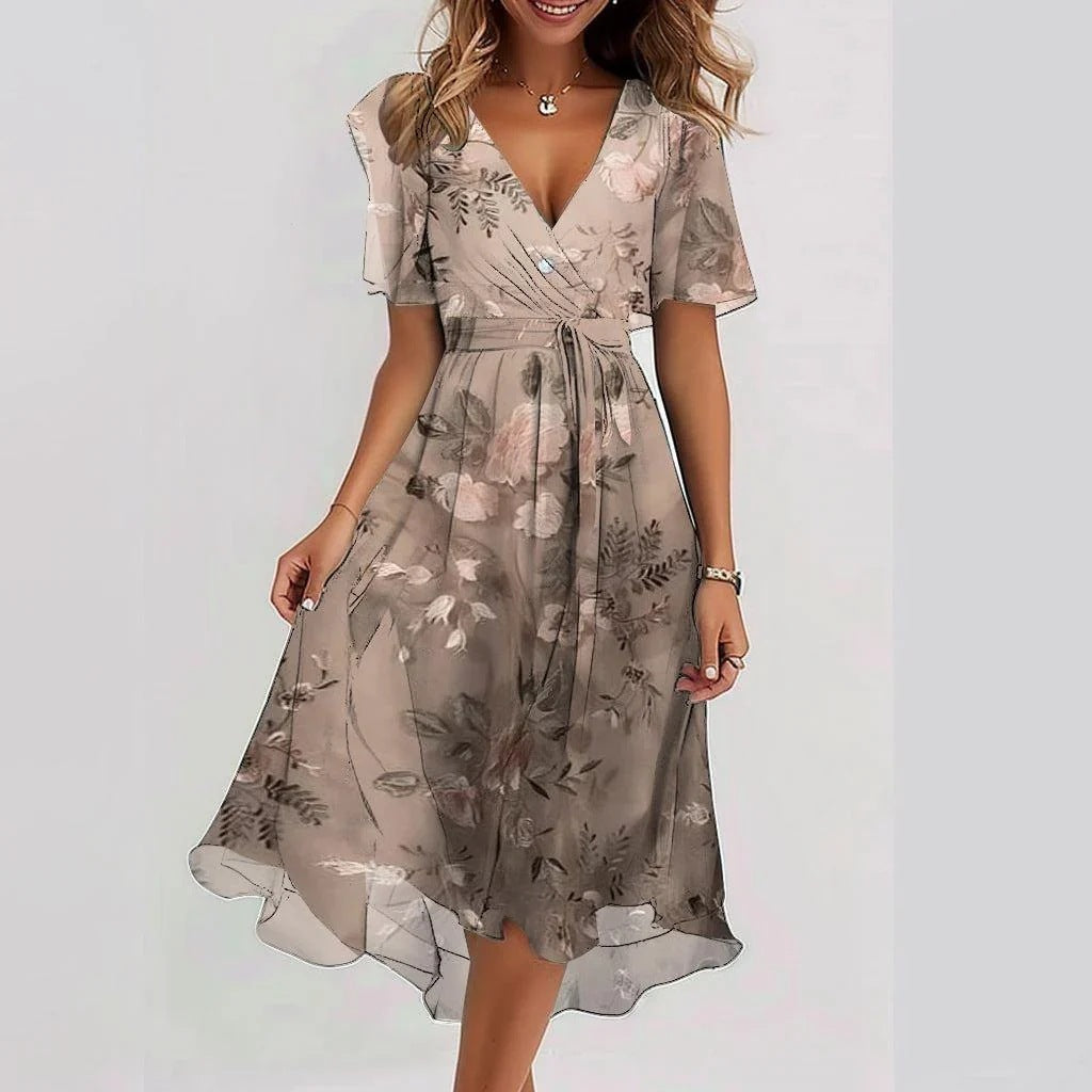Flattering summer dress with model on a clean background designed for effortless comfort.
