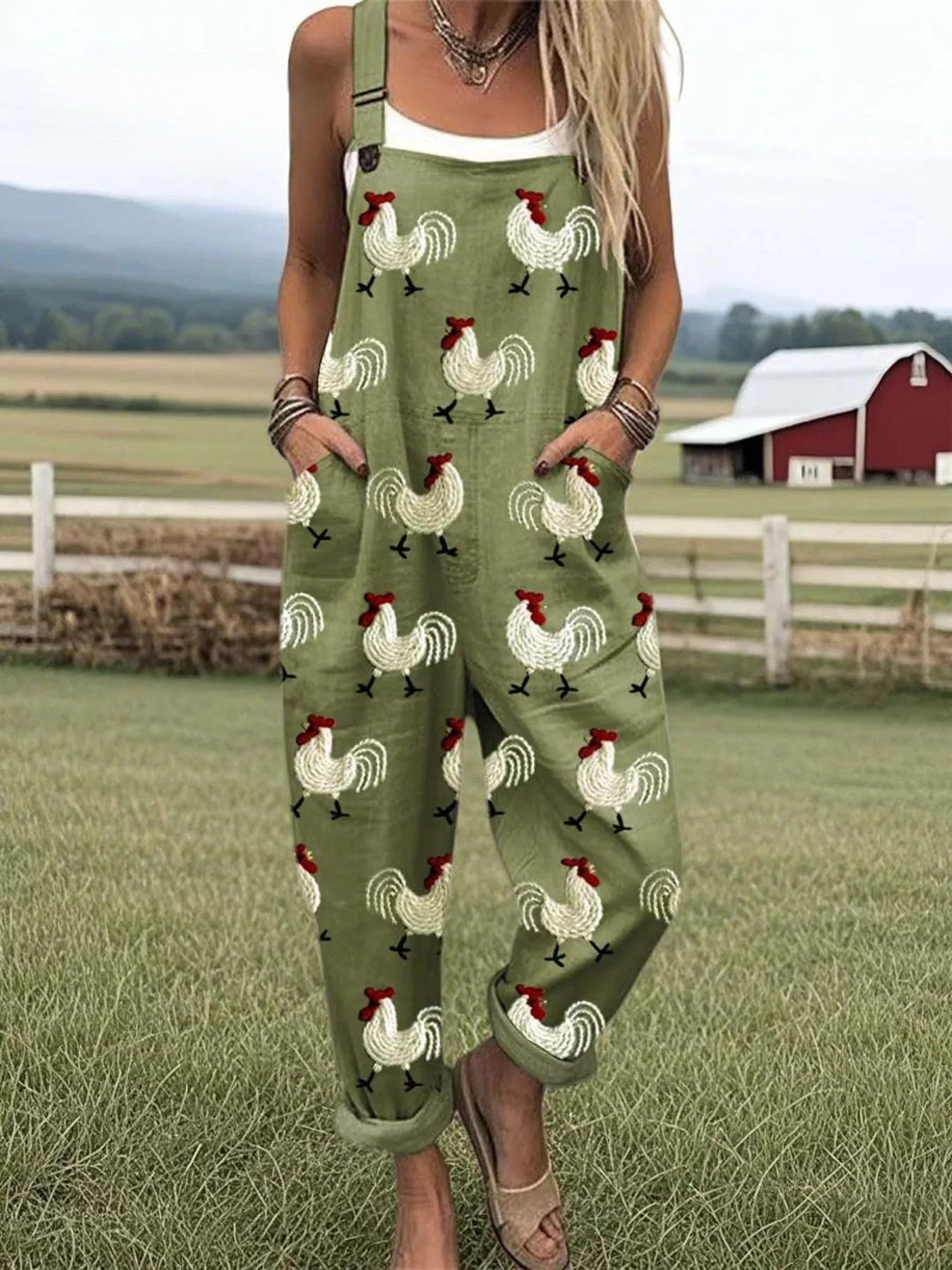 emale model showcasing a casual jumpsuit with earthy rooster details.