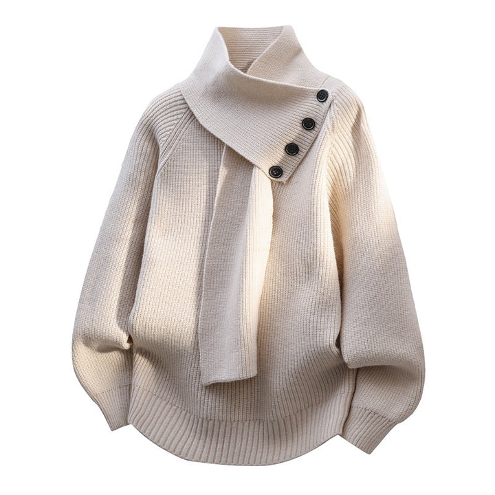 Belnia | Women's Knit Cozy Scarf Neck Button Detail Sweaters — Beige