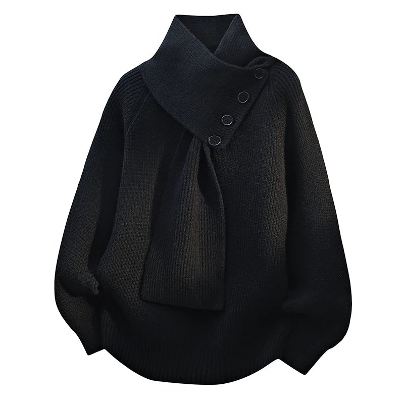 Belnia | Women's Knit Cozy Scarf Neck Button Detail Sweaters — Black