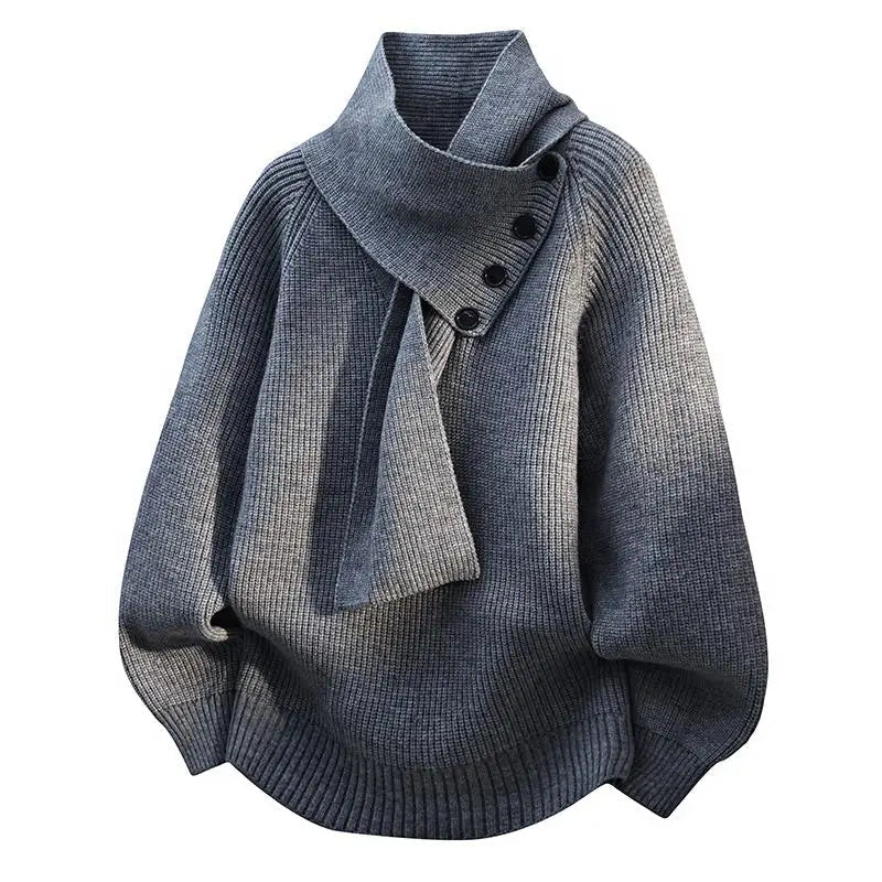Belnia | Women's Knit Cozy Scarf Neck Button Detail Sweaters — Gray