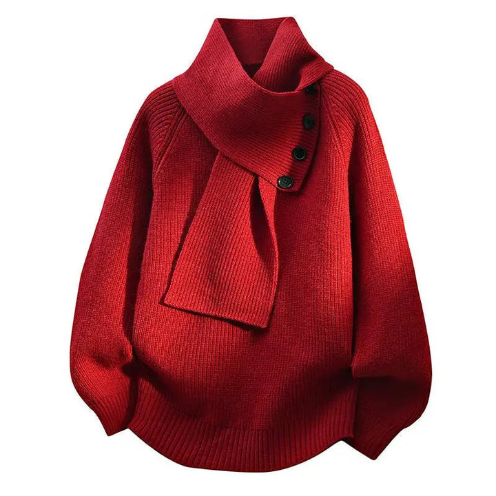 Belnia | Women's Knit Cozy Scarf Neck Button Detail Sweaters — Red