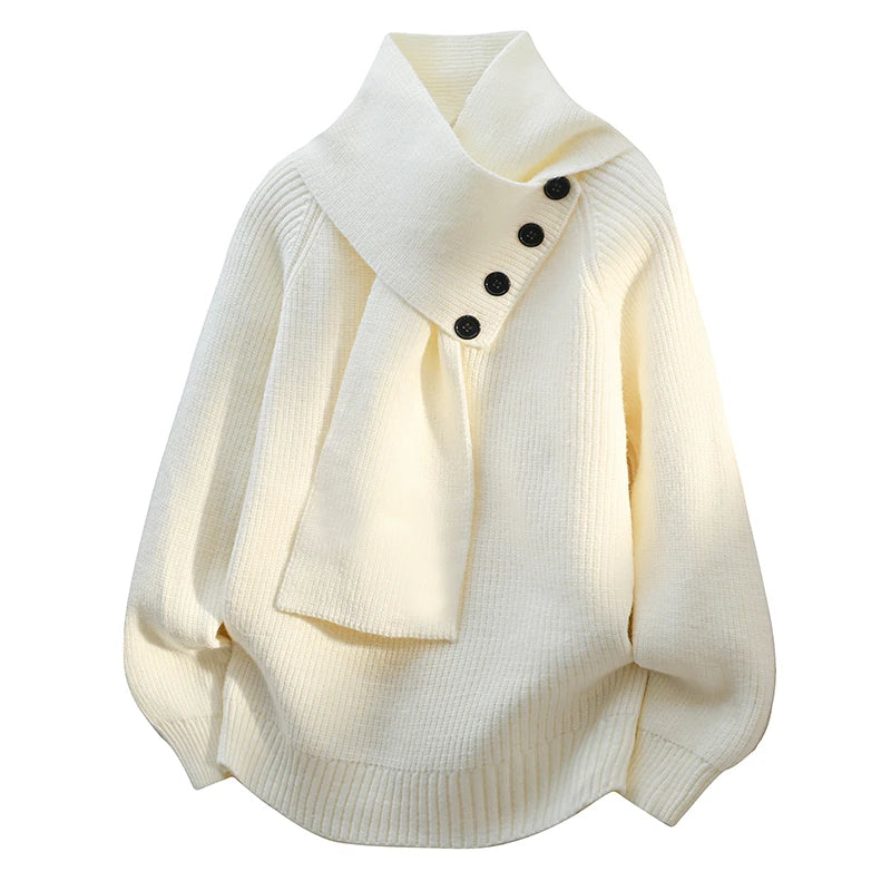 Belnia | Women's Knit Cozy Scarf Neck Button Detail Sweaters — White