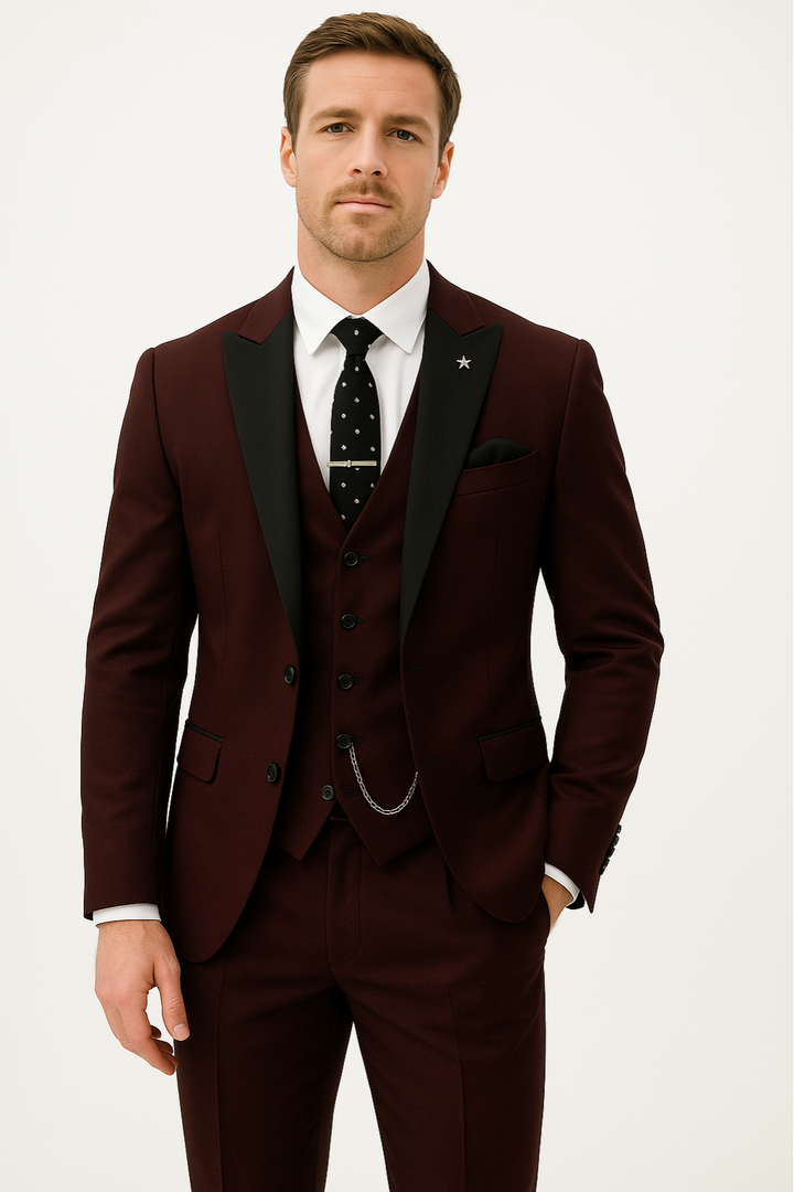 Bertrand | Men's Casual Stretch Men’s Formal Three Piece Suit Set Tops — Burgundy