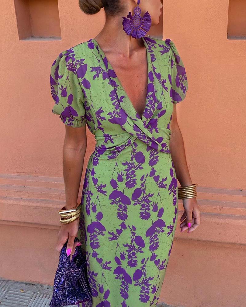 Bexleyara | Women's Elegant Floral Print Wrap-Style Midi Dress — 2