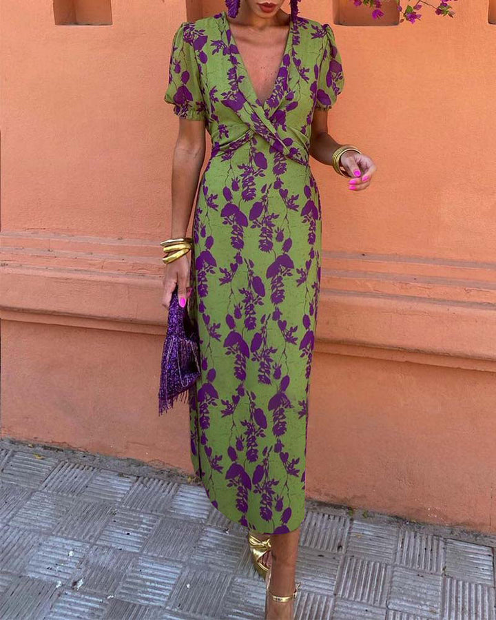 Bexleyara | Women's Elegant Floral Print Wrap-Style Midi Dress — Green & Purple