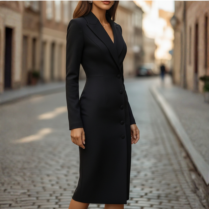 Woman showcasing a tailored midi dress with a lapel neckline on a plain background.
