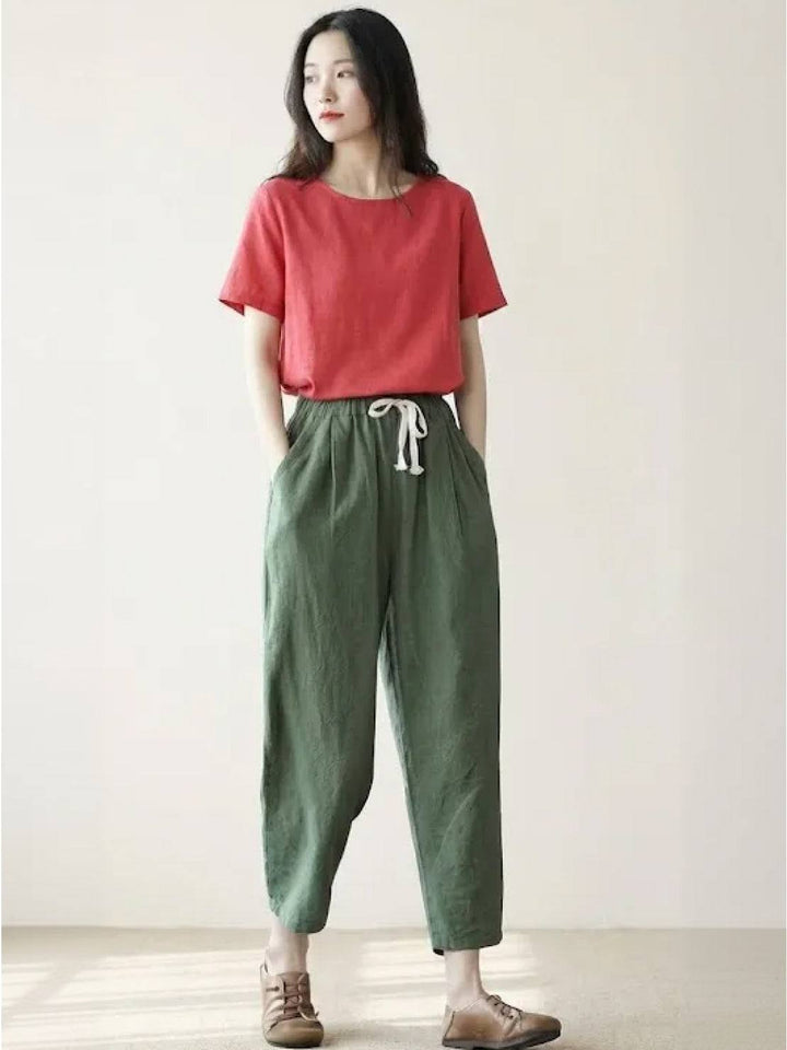 Relaxed women’s casual pants shown on a plain background with soft waist styling.