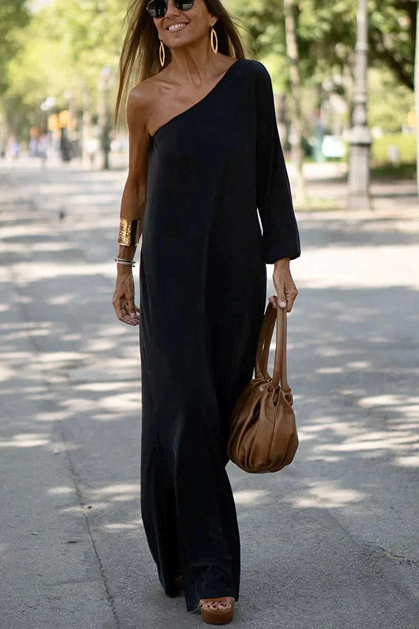 Brevienne | Women's Elegant One Shoulder Maxi Dress with Long Sleeve — Black