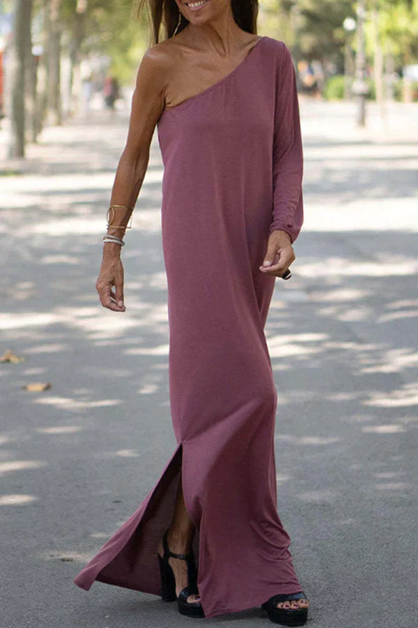 Brevienne | Women's Elegant One Shoulder Maxi Dress with Long Sleeve — Pink