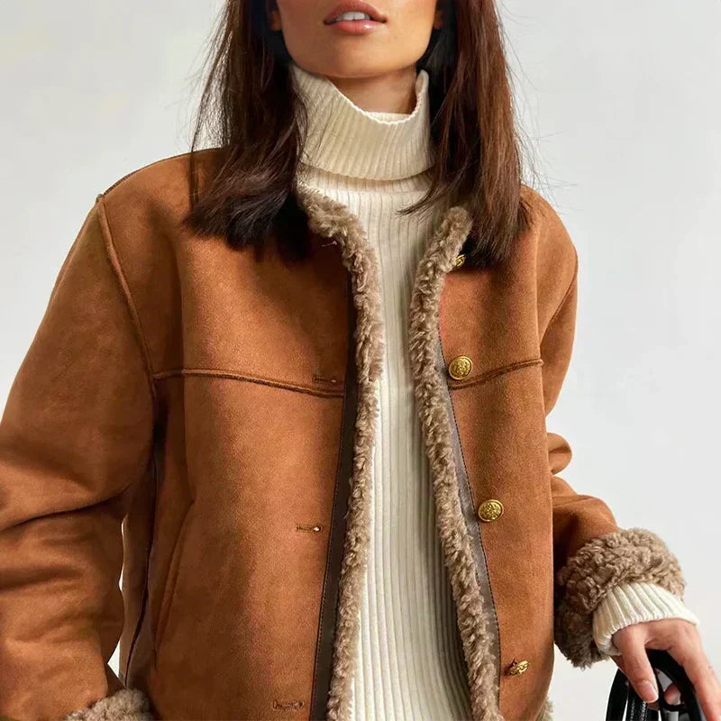 Brieelle | Women's Brown Button Front Long Sleeve Jacket — 2