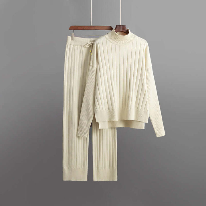 Briella | Women's Matching Ribbed Knitted Two-Piece Lounge Set — Beige