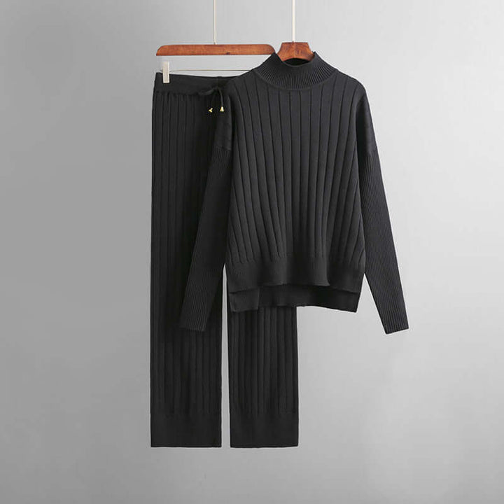 Briella | Women's Matching Ribbed Knitted Two-Piece Lounge Set — Black