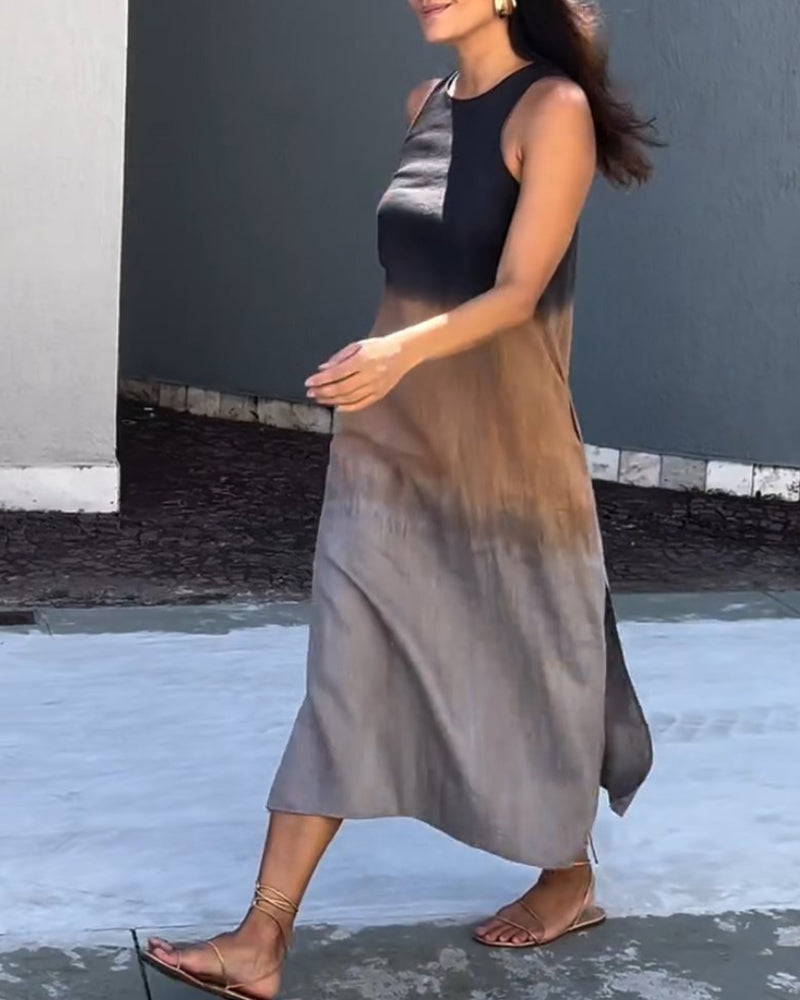 Women’s ombre sleeveless dress with flowing silhouette and round neckline.