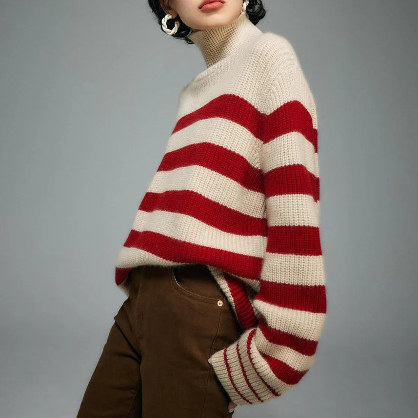 Caeelle | Women's Turtleneck Sweater Long Sleeve Layering - Red / Black