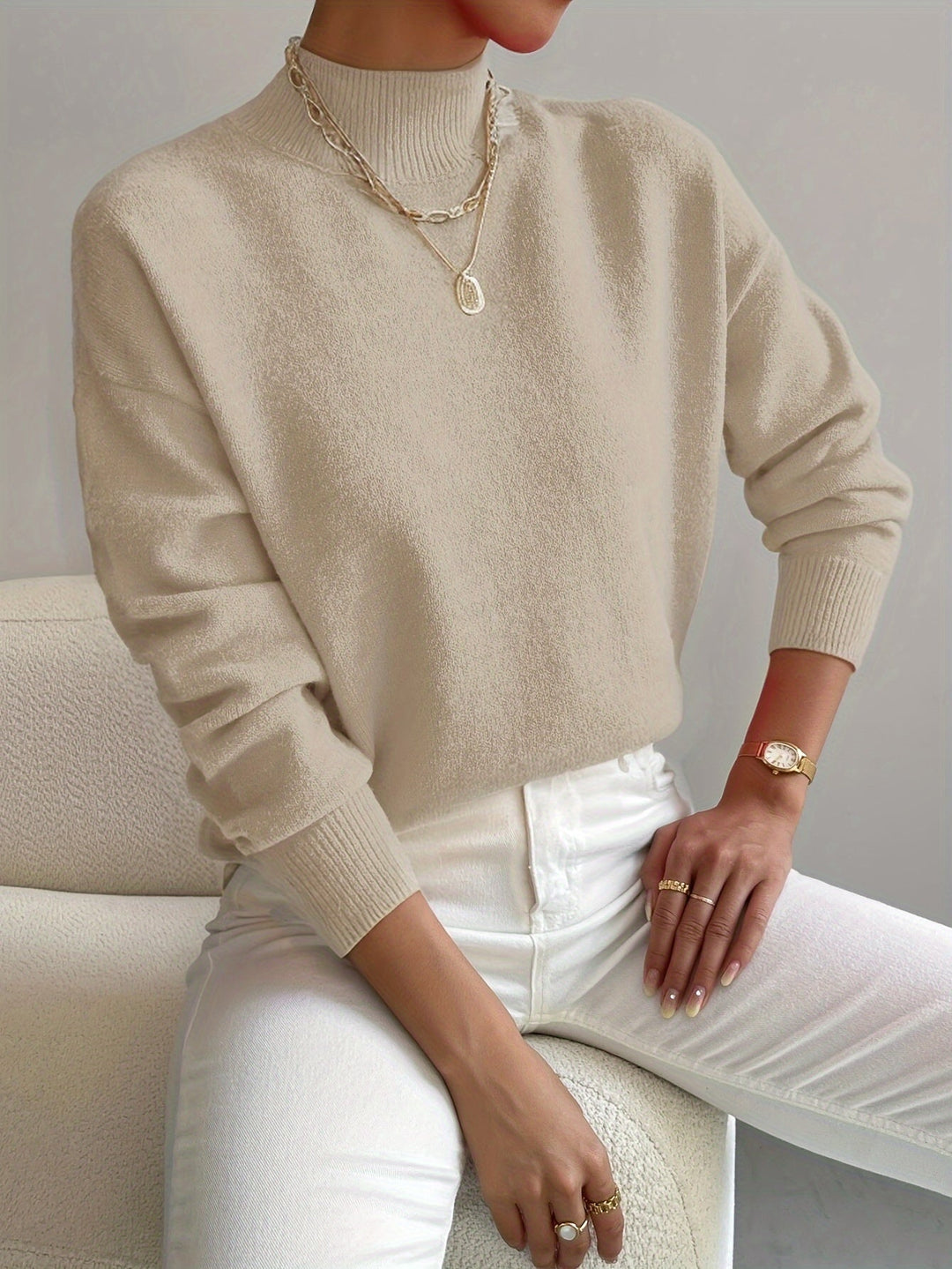 Caeline | Women's Cozy High Collar Sweater – Relaxed Knit sweater — Beige