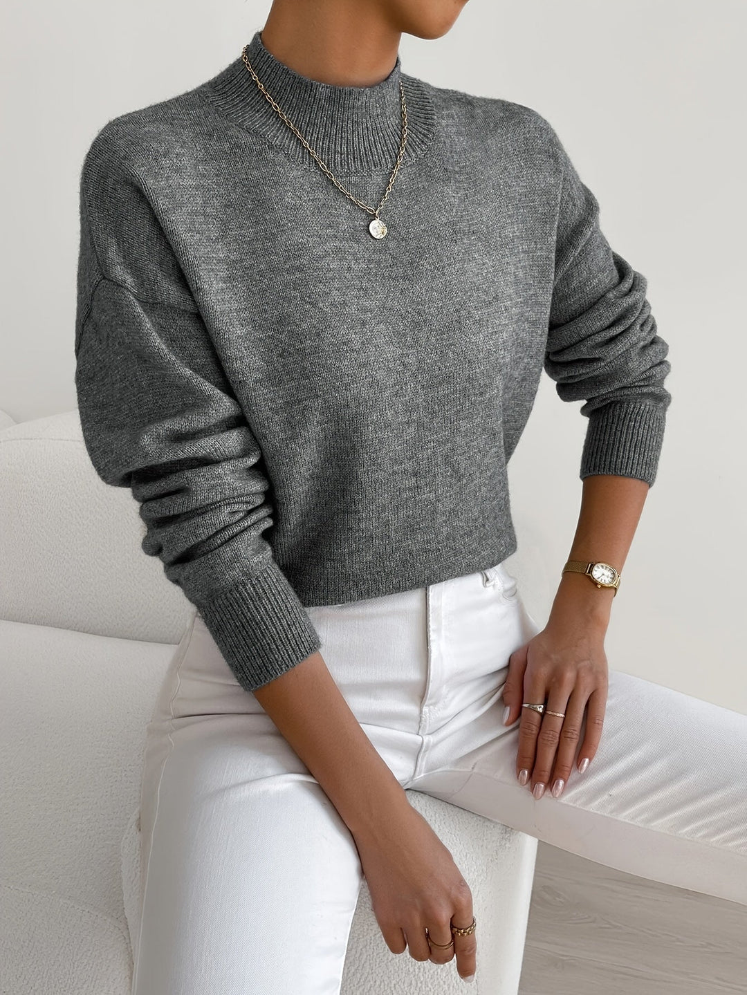 Caeline | Women's Cozy High Collar Sweater – Relaxed Knit sweater — Gray