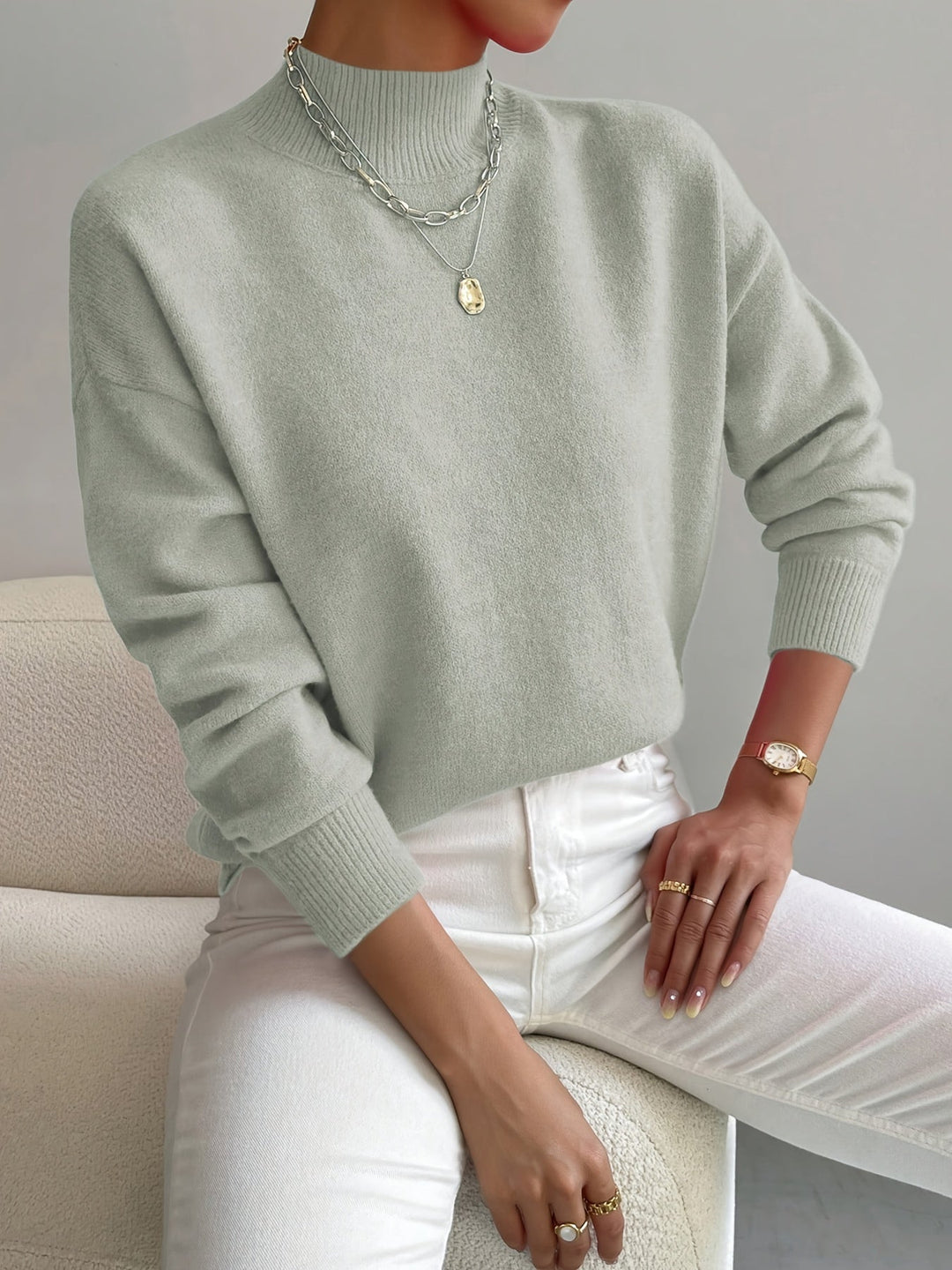 Caeline | Women's Cozy High Collar Sweater – Relaxed Knit sweater — Light Green