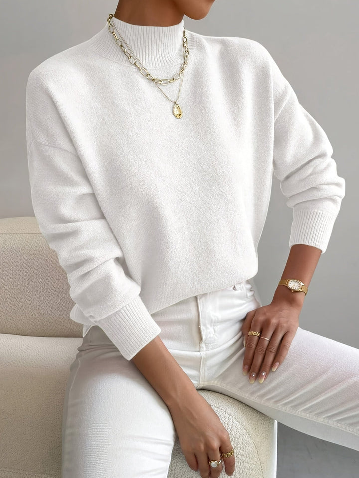 Caeline | Women's Cozy High Collar Sweater – Relaxed Knit sweater — White