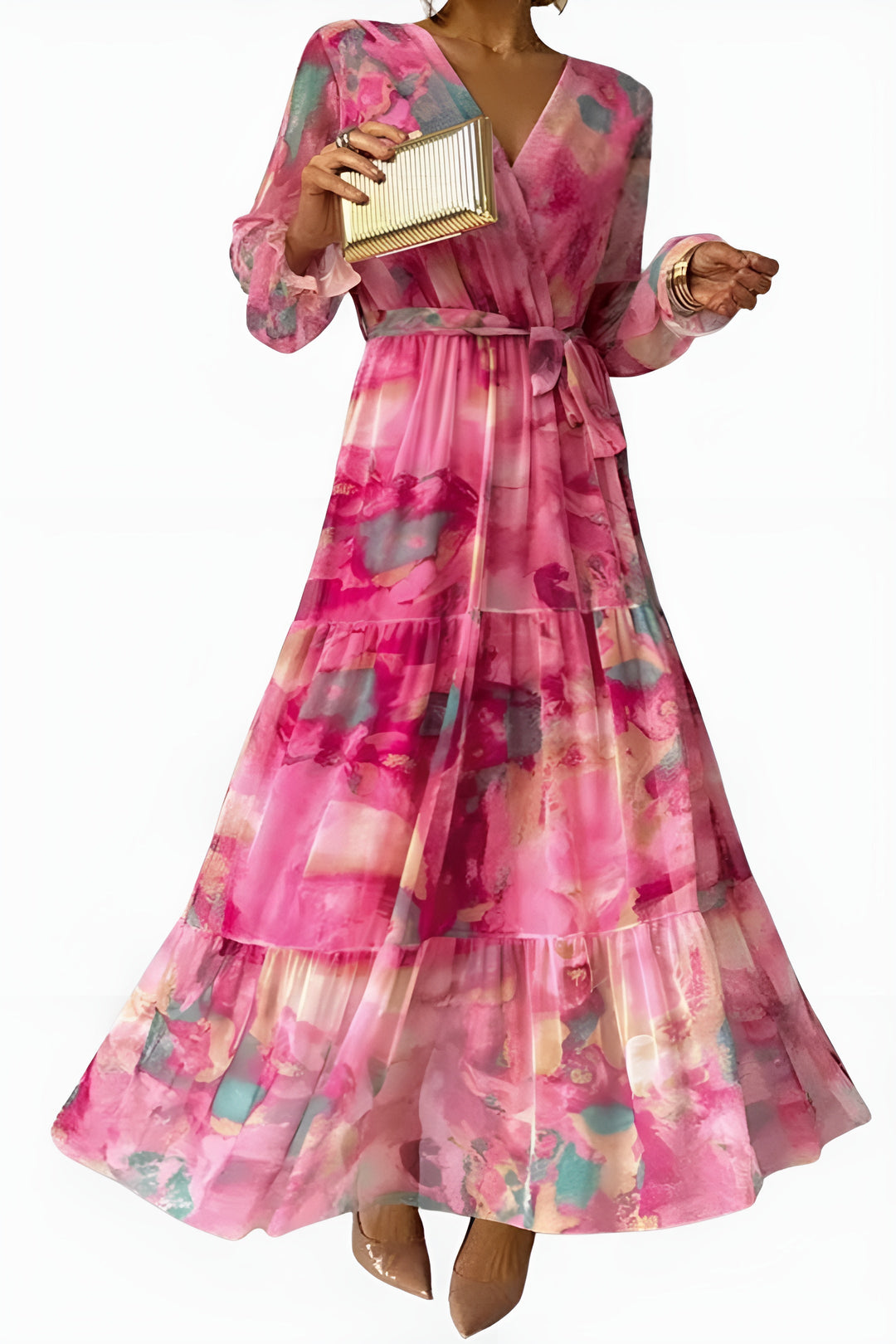 Calliope | Women's Wedding Guest Elegant Floral Wrap Maxi Dress with Tie Waist Dresses — 1