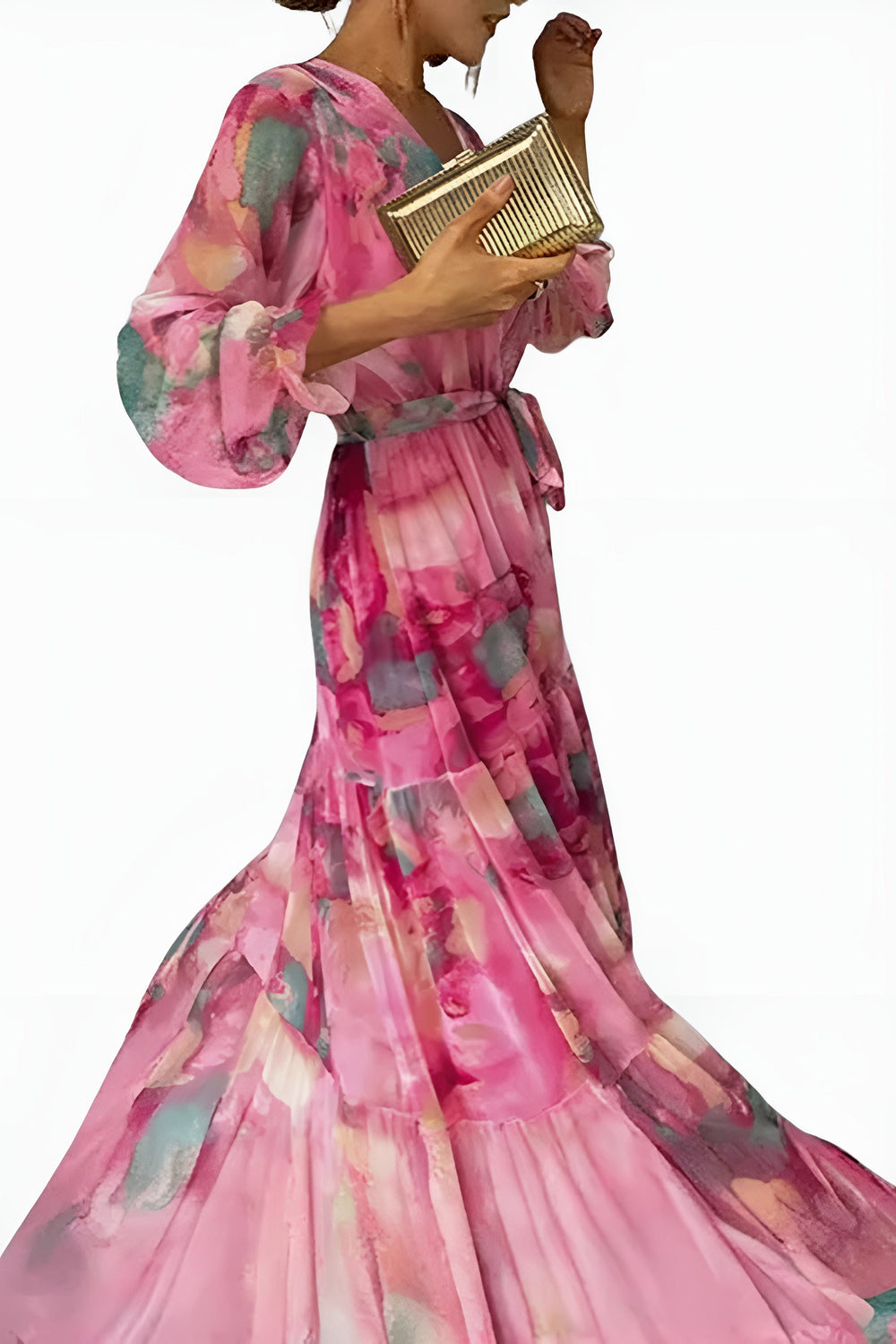 Calliope | Women's Wedding Guest Elegant Floral Wrap Maxi Dress with Tie Waist Dresses — 2