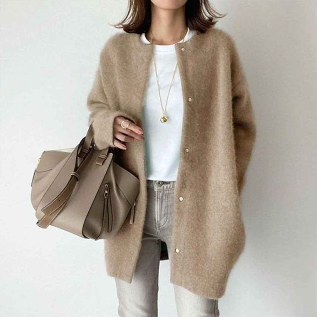 Caroline | Women's Knit Cozy ’s Relaxed Fit Long Cardigan Sweaters — Khaki