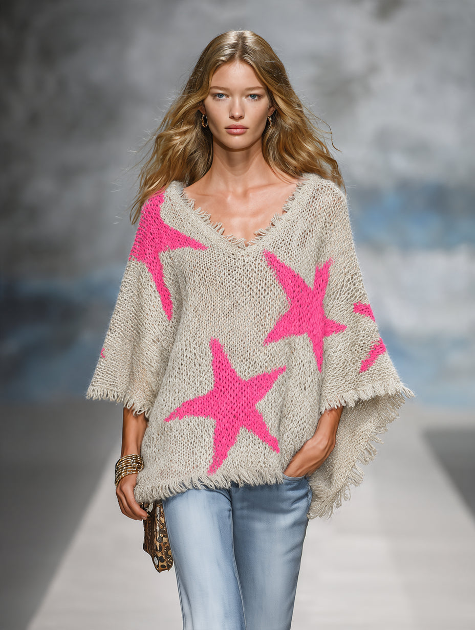 Cassovalde | Women's Cozy Retro-Elegant Western-Style Color-Block Knit Cape Top — 2