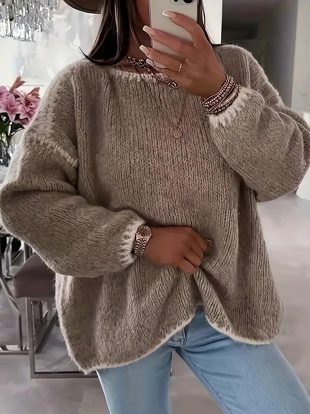 Cassovesse | Women's Cozy Oversized Fuzzy Crewneck Sweater Contrast Cuffs — Beige
