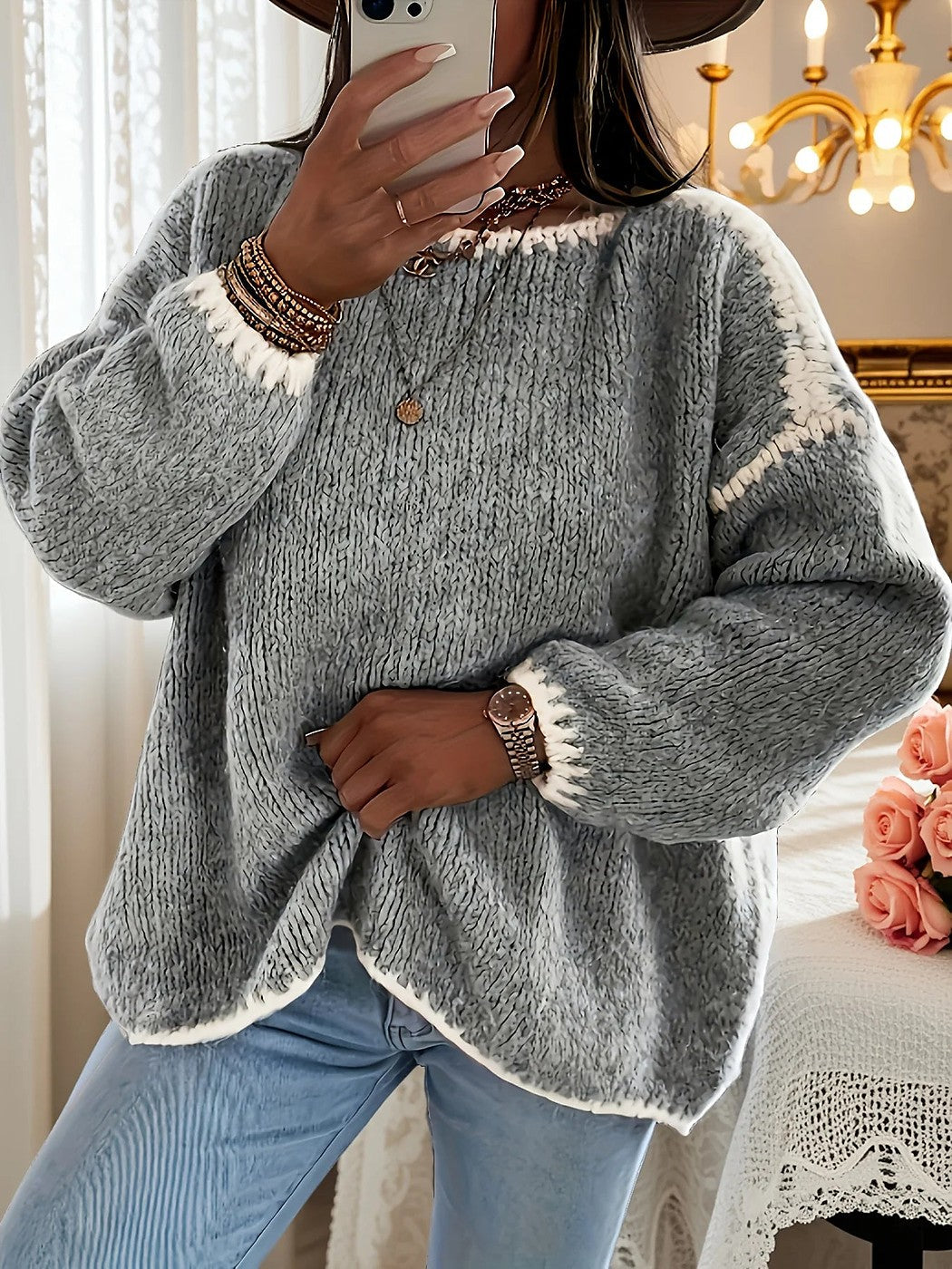 Cassovesse | Women's Cozy Oversized Fuzzy Crewneck Sweater Contrast Cuffs — Grey