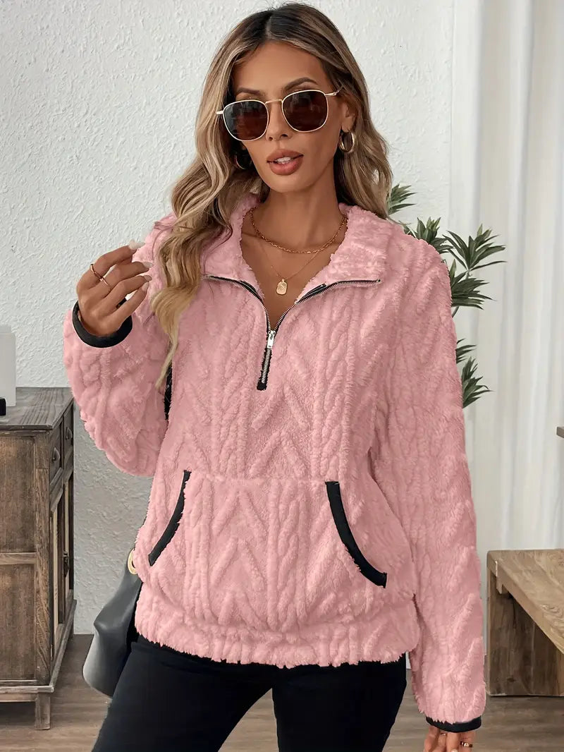 Cassovetta | Women's Cozy Quarter Zip Cable Textured Sherpa Sweater — Pink