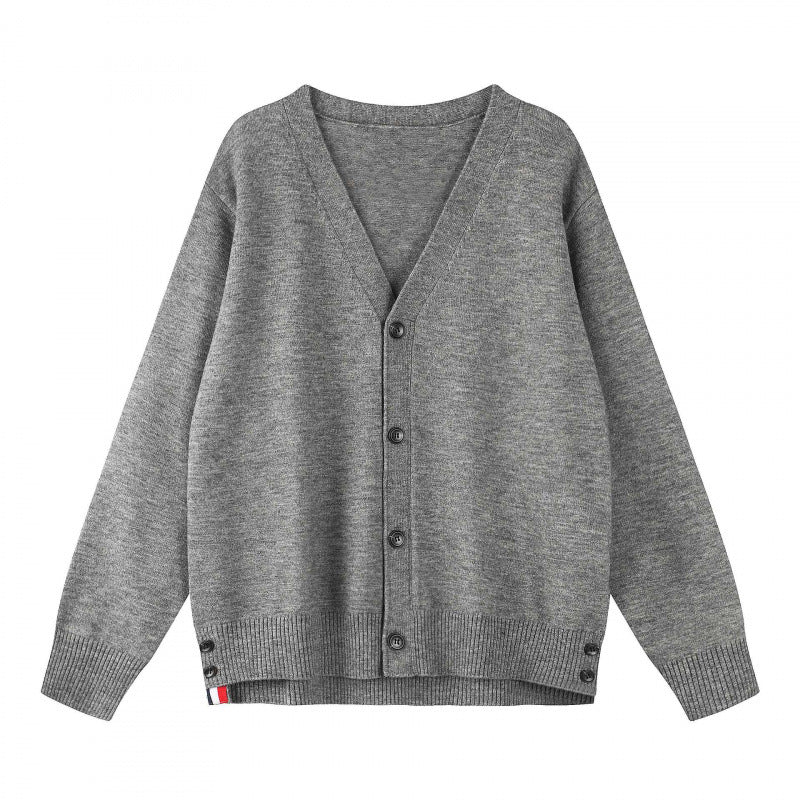 Cassovissa | Women's Cozy Oversize V‑Neck Knitted Cardigan with Button Placket and Side Press Buttons — Dark gray