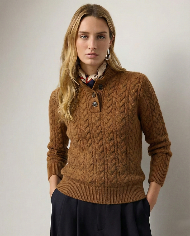 Cauline | Women's Cozy Button Neck Long Sleeve Cashmere-Feel Cable Knit Sweater — 1