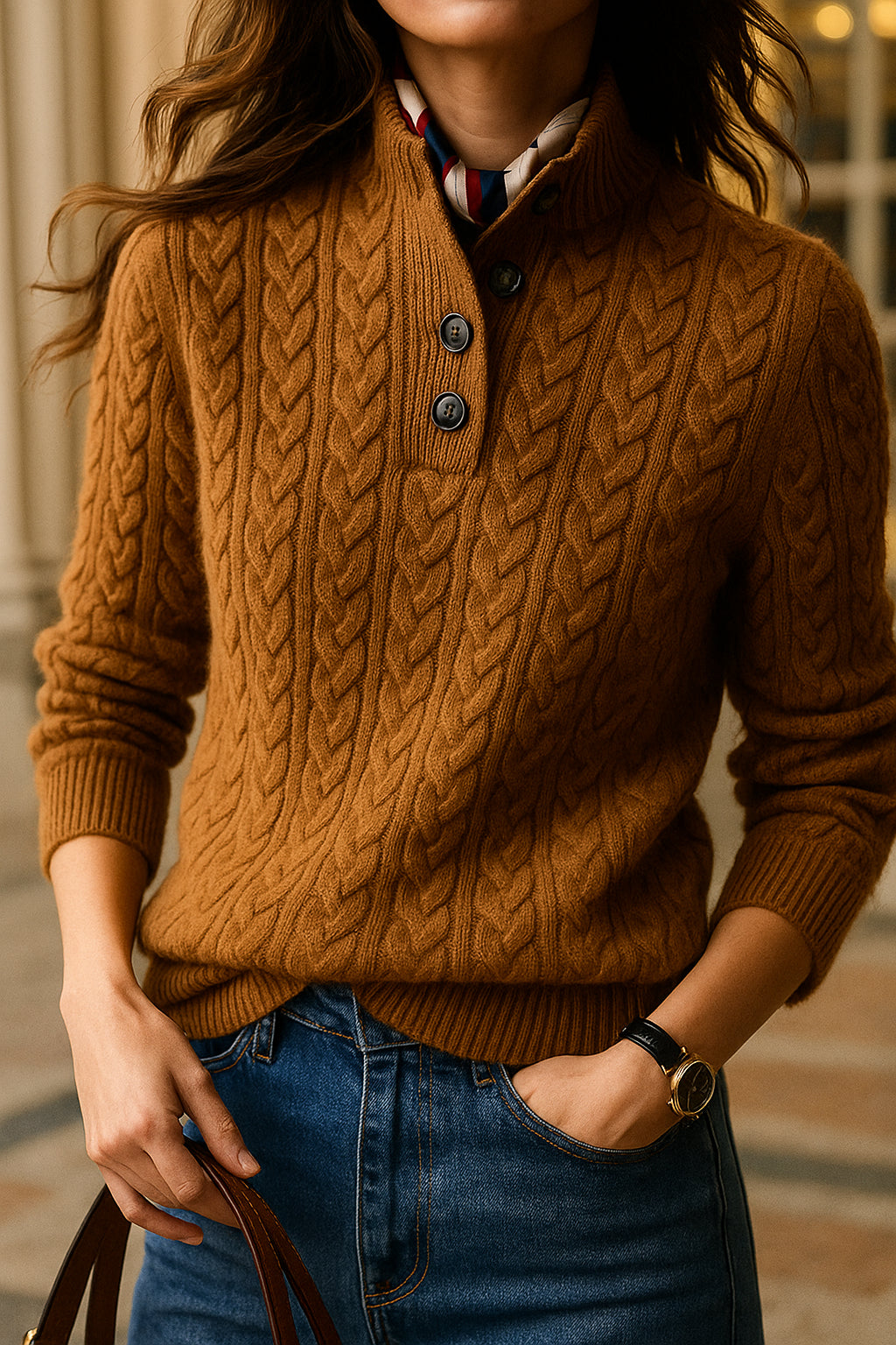 Cauline | Women's Cozy Button Neck Long Sleeve Cashmere-Feel Cable Knit Sweater — 2