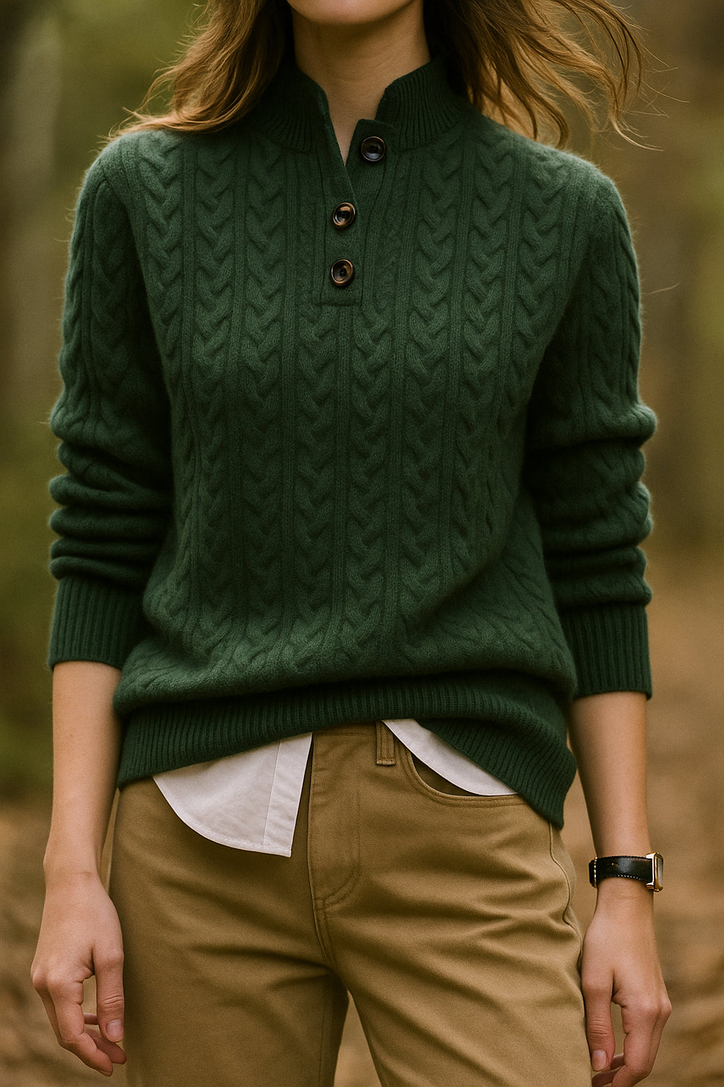 Cauline | Women's Cozy Button Neck Long Sleeve Cashmere-Feel Cable Knit Sweater — Dark green