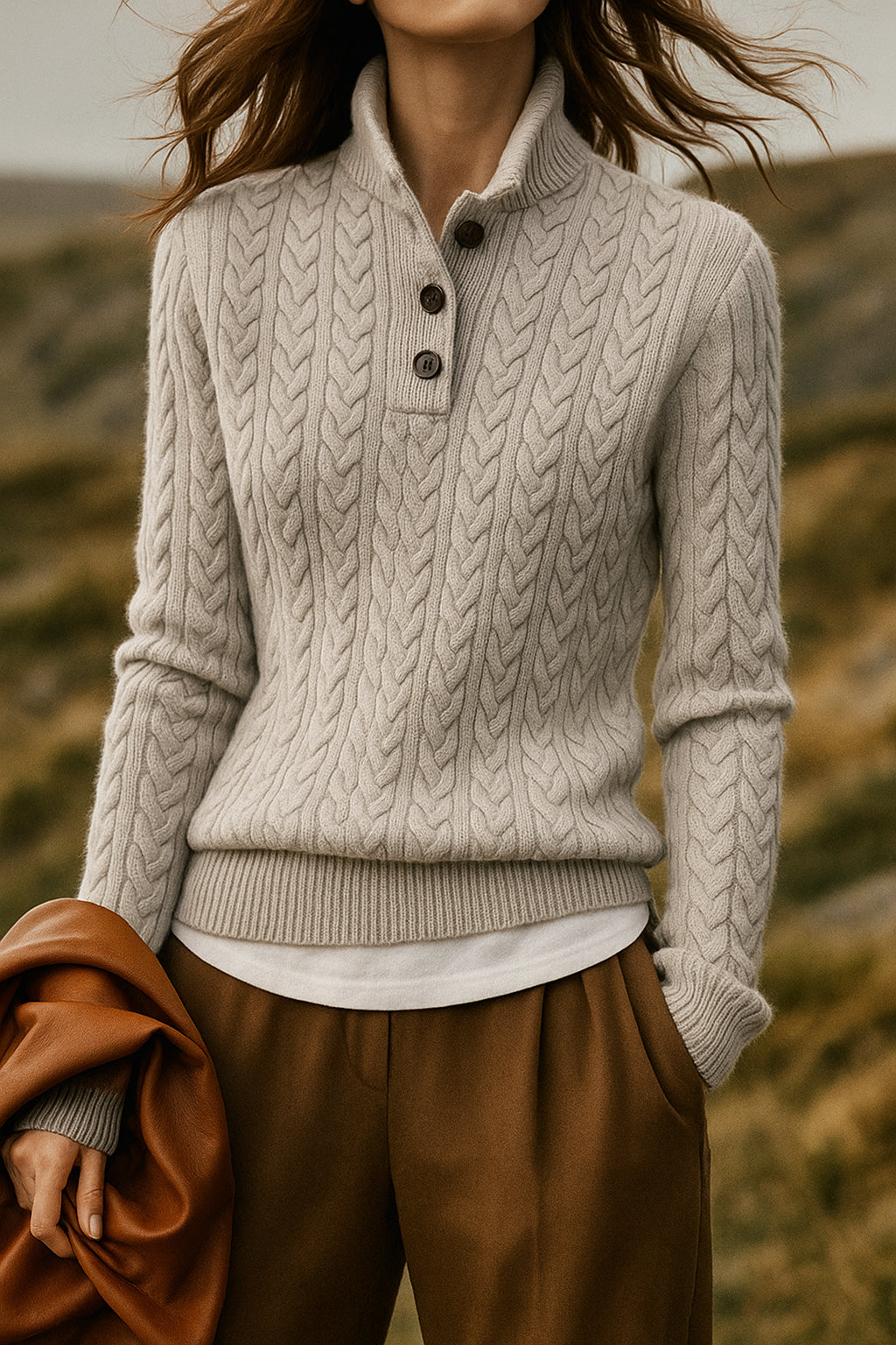 Cauline | Women's Cozy Button Neck Long Sleeve Cashmere-Feel Cable Knit Sweater — Gray